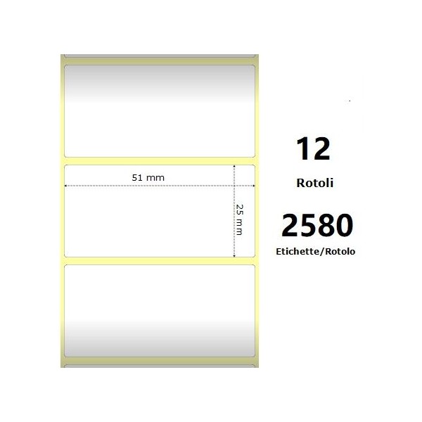 White 51x25mm, 2580 Et/Rotolo Z-2000D, 2x1x1 Core, 12 Rolls