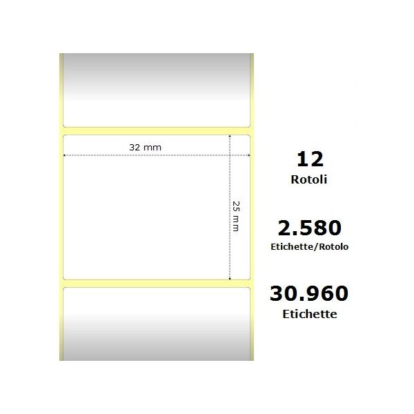 White 32x25mm, 2580 Et/Rotolo Z-2000D 1.3x1x1 Core, 12 Rolls