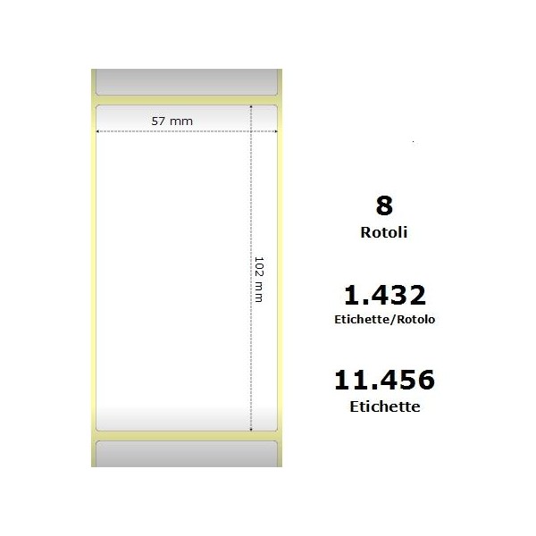White 57x102mm, 1432 Et/Rotolo Z-2000D,2.2x4x3 Core, 8 Rolls